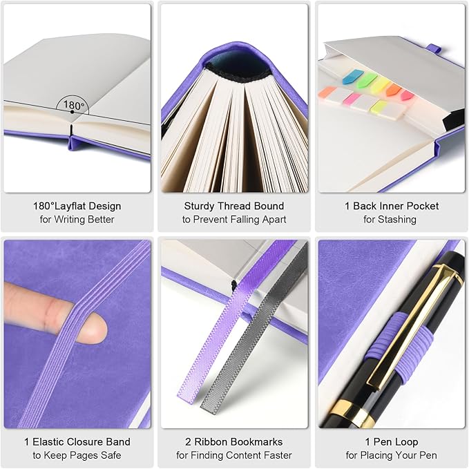 Lined Notebook Journal for Women Men, Large B5 College Ruled Notebook, 312 Numbered Pages Notebooks for Work, 100gsm Paper Daily Journal, Hardcover Vegan Leather Journals for Writing Office, Purple