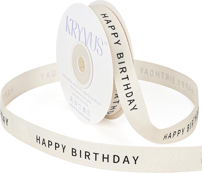 Happy Birthday Ribbon - 5/8 Inch x 12 Yards Natural Twill Tape Ribbon, Cotton Herringbone Ribbons for Gift Wrapping, Birthdays, Christmas, Anniversaries, Mother's Day