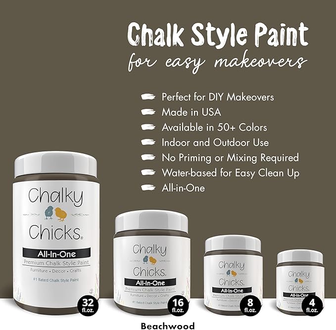 Chalky Chicks All-in-One Chalk Paint for Furniture or Cabinet - 4 Fl Oz - Matte Finish Beachwood (Brown/Gray) for Metal, Wood Furniture Paint - No Sanding All-in-One for Home Decor & Crafts, USA Made