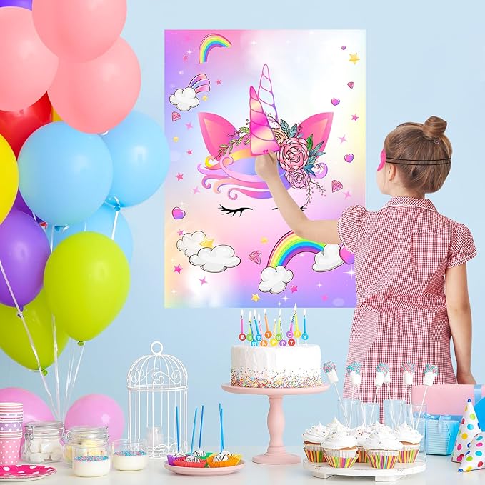 ASTARON Pin The Horn on The Unicorn Game for Kids Birthday Party, Unicorn Party Game with 30 pcs Horn Stickers Birthday Party Supplies for Wall Home Room Decorations