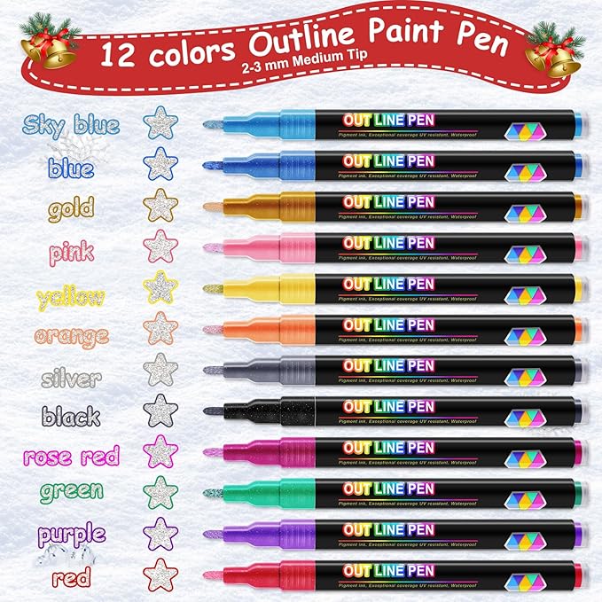 FUMILE 12 Colors Double Line Outline Markers,Glitter Markers for Kid Teens,Self Outline Metallic Markers for Art Supplies,Metallic Glitter Pen Set for Teen Girl.