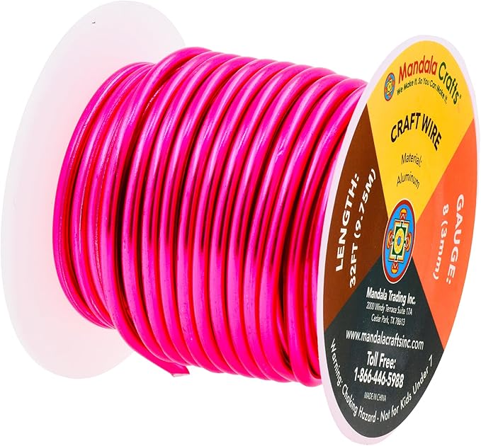 Mandala Crafts 8 Gauge Anodized Aluminum Craft Wire for Jewelry Making - 32 FT Colored Flexible Magenta Wire - Bendable for Bonsai Armature Crafting Sculpting
