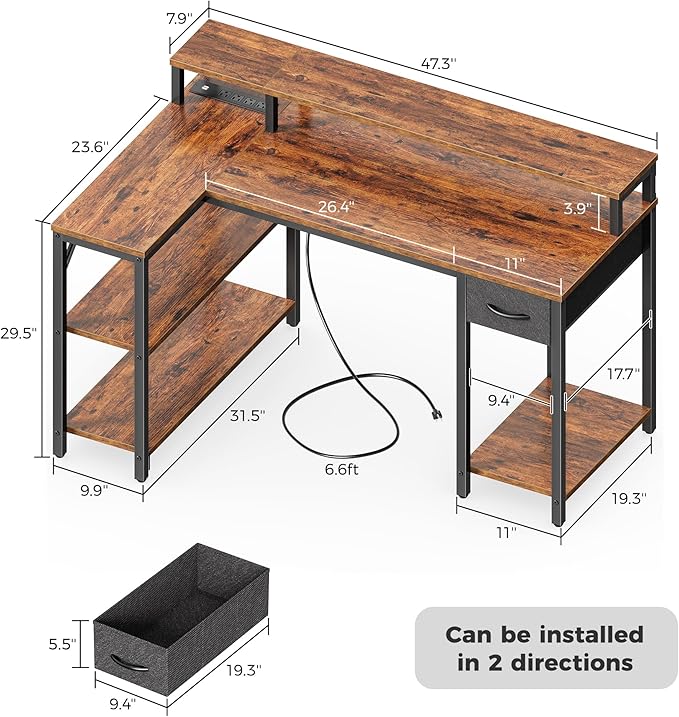 SUPERJARE 47 inch Reversible L Shaped Desk with LED Lights & Power Outlets, Computer Desk with Shelves & Monitor Stand, Gaming Desk with Drawer, Home Office Desk Corner Desk, Rustic Brown