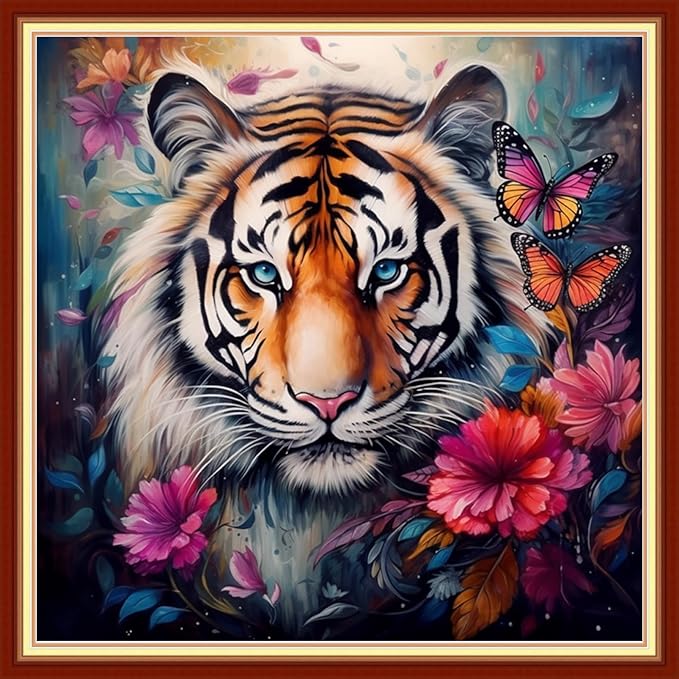 Dooxvey Cross Stitch Kits for Adult Beginners - Full Range of Stamped Kits, Needlepoint & Embroidery Kits - 11CT Cross Stitch Patterns - Tiger Flower, 18x18 inch