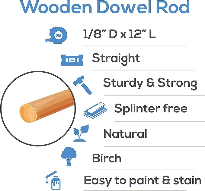 Dowel Rods Wood Sticks Wooden Dowel Rods 1/8 x 12 Inch Unfinished Hardwood Sticks for Crafts and DIYers 500 Pieces by Woodpeckers