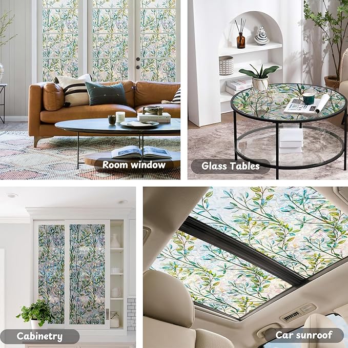 NINETREX Stained Glass Window Film 3D Decorative Cling, Sun Blocking Static Cling Removable Film for Glass Door, Home Decor Window Cover Non-Adhesive 35.4 x 157.4 inches, Leaf