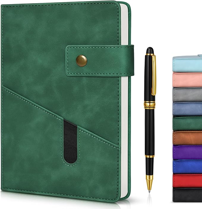 Green A5 Lined Leather Journal Notebook for Men Women,5.9" X 8.4" Personalized Hardcover Journal with Pen,200 Pages 100 Gsm Thick Ruled Paper Daily Diary for School,Travel,Work,Writing