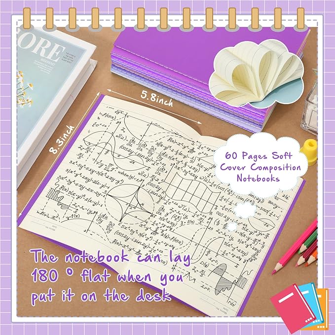 Handepo 100 Pack Composition Notebooks A5/A6 Ruled Lined Composition Kraft Notebooks Bulk Soft Cover Journals Travel Diary Memo for Students Classroom Office Supplies(A5,Purple)