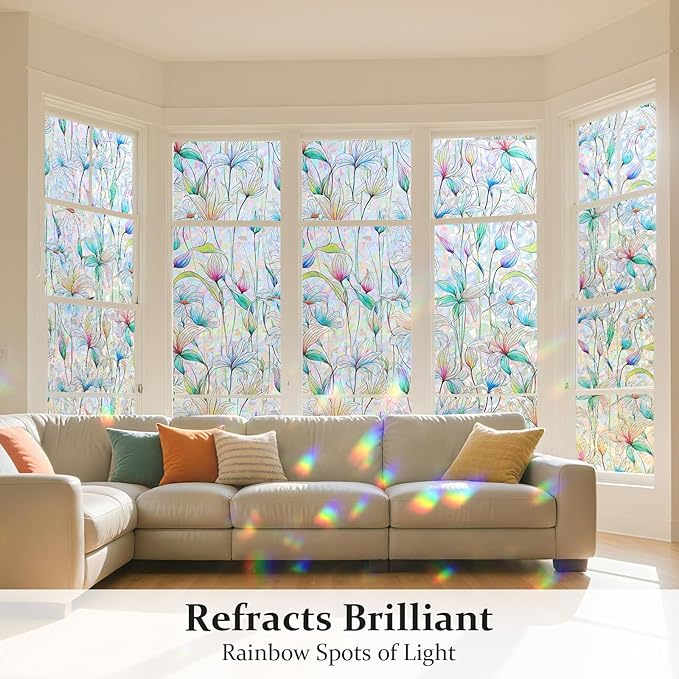 Donox Decorative Window Privacy Film, 3D Floral Stained Glass Window Film Static Cling Rainbow Privacy Sticker for Glass Door Heat Control Anti UV, No Adhesive (Magnolia,17.5 x 157.4 inches)