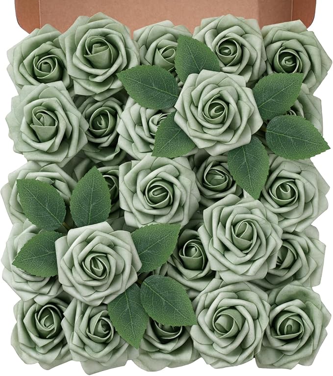 Artificial Flowers Foam Fake Roses 25pcs Green Roses with Stems for Home Decor DIY Wedding Bouquets Party Bridal Shower Centerpieces Faux Flower Arrangements Tables Decorations