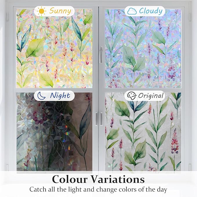 Donox Decorative Window Privacy Film, 3D Floral Stained Glass Window Film Static Cling Rainbow Privacy Sticker for Glass Door Heat Control Anti UV, No Adhesive (Gladiolus,35.4 x 157.4 inches)