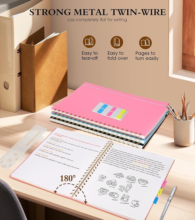 Dotted Notebook, Spiral Notebook Journal 8.5” x 11”, A4 Large Dot Grid Notebooks for Women Men, 100 GSM Dotted Paper, Plastic Hardcover Spiral Bullet Journals for Work School Sketching, Pink