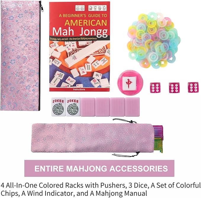 American Mahjong Game Set, 166 Pink Tiles, Pink Bag and Entire Accessories, 4 All-in-One Rack/Pushers, Mahjong Tiles Set