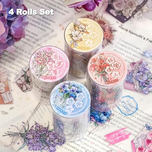 Floral Dream PET Tape Set, 4 Rolls of Flower Ephemera for Junk Journaling, Scrapbooking, Crafting, DIY Projects, Diaries, and Art Supplies