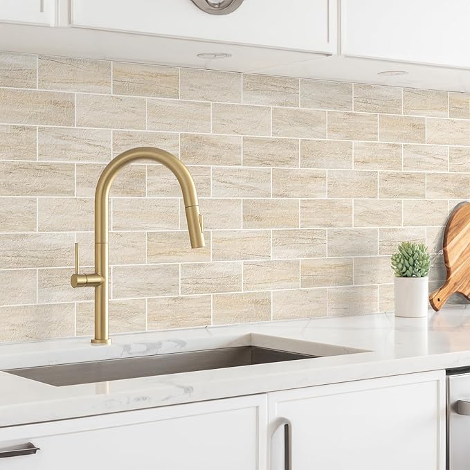 4 Pieces Peel and Stick Backsplash for Kitchen, 3" x 6" PVC Subway Tile Upgraded Grayish Beige with Gray Grout Backsplash Stick on Tile Elevate Kitchen, Bathroom, Fireplace,RV
