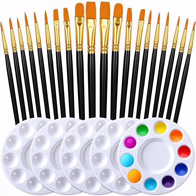 Halloween Paint Brushes Palettes Set by DUGATO, 2 Packs/20pcs Round Pointed Tip Nylon Hair Brushes with 5 Paint Trays for Acrylic Watercolor Oil Gouache Tempera and Body Painting (Black)