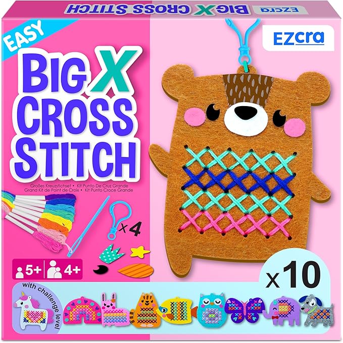 EZCRA Beginner Needlepoint Cross Stitch Kit for Kids Ages 5-8 – Easy Embroidery Starter Set with Jumbo Plastic Needles, Pre-Printed Patterns, Instructions – DIY Arts & Crafts Gift for Girls & Boys
