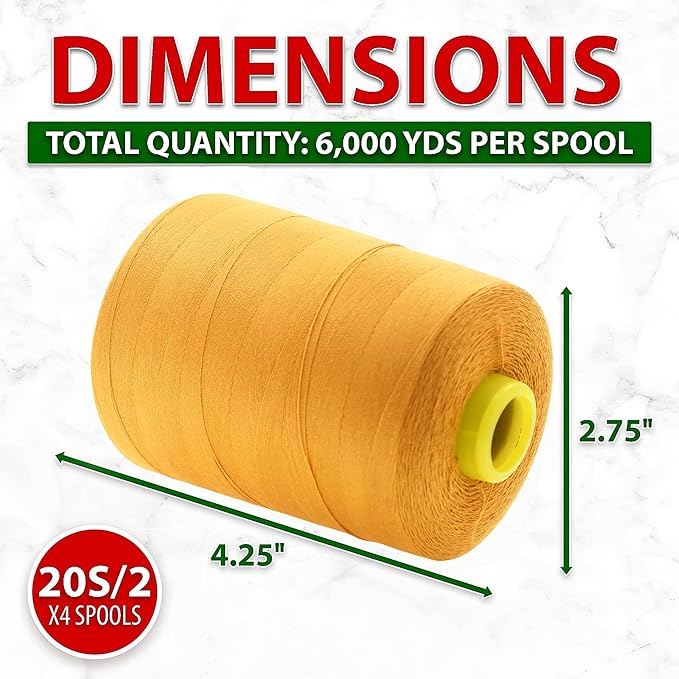 Mandala Crafts 4 Pack of Serger Threads Cones Spools - 20S/2 24000 Yards Polyester Mustard Yellow Threads for Sergers Machine and Overlock Quilting Sewing Machine