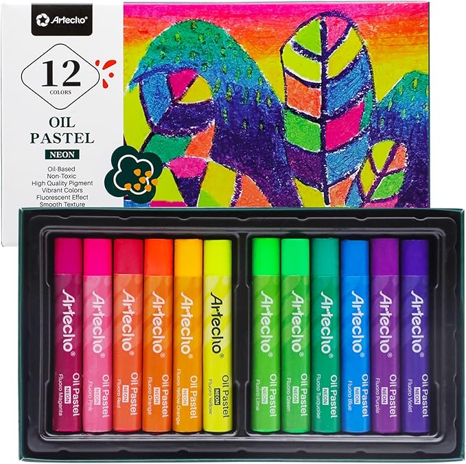Artecho Neon Oil Pastels Set of 12 Colors, Soft Oil Pastels for Art Painting, Drawing, Blending (10 x 70 mm)