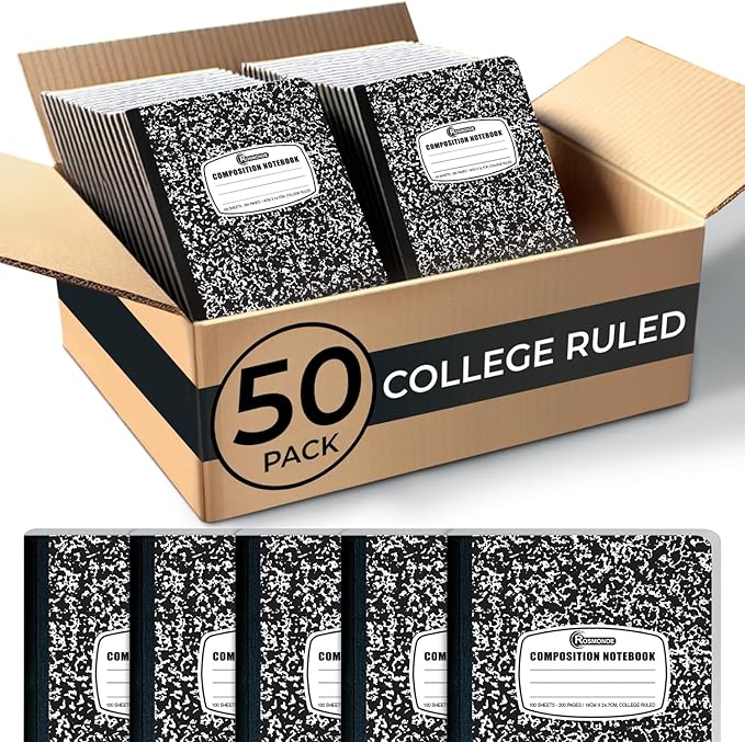 Rosmonde 50 Pack Bulk Composition Notebooks College Ruled, 200 Pages (100 Sheets), 9-3/4 x 7-1/2, Black Marble Hard Cover, Bulk School Supplies, Bulk Notebooks for School, Bulk College Ruled Notebook