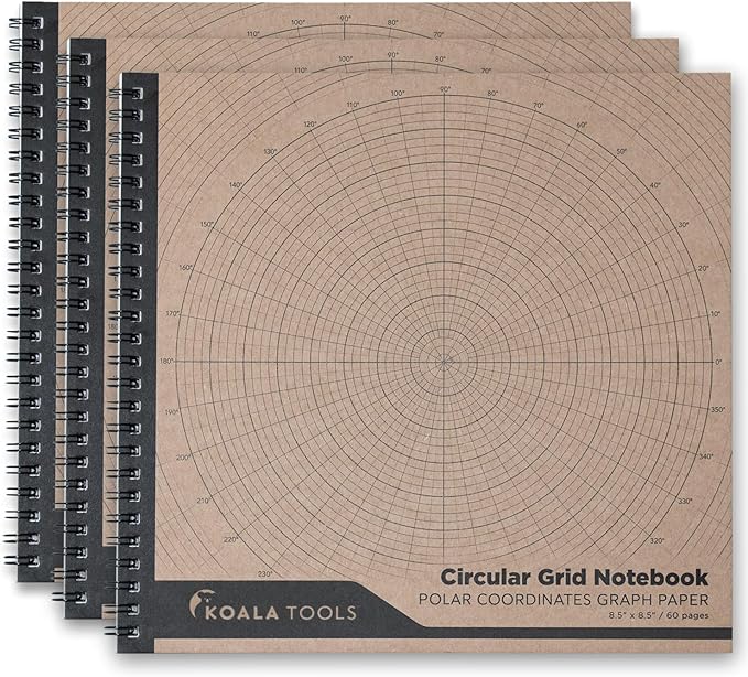 KOALA TOOLS - Circular Grid Sketchbook with Polar Coordinate Graph Paper, Polar Grid for Circular Designs, Mandala, and Geometric Patterns, 8.5 x 8.5 inches, 60 pages - Pack of 3