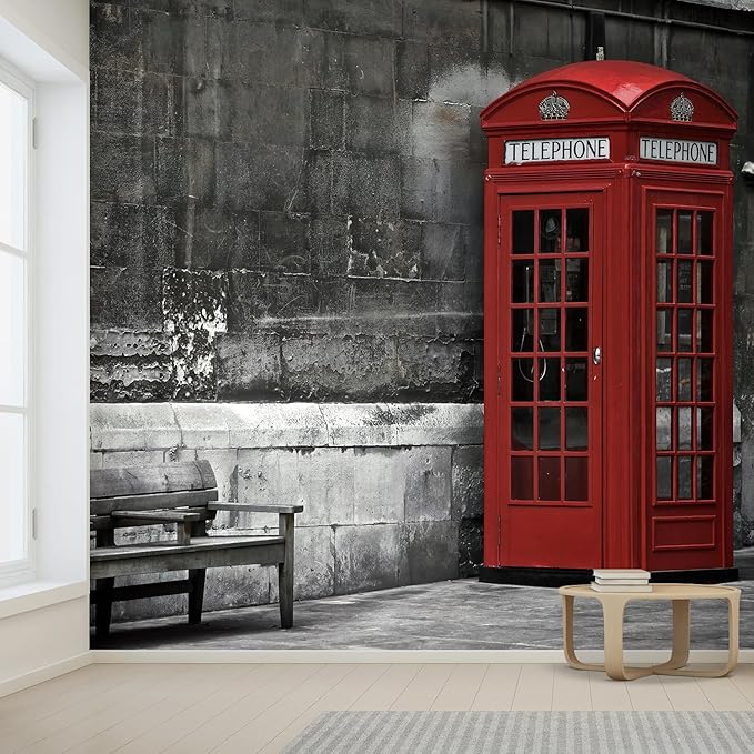 wall26 Wall Sticker/Wall Mural British Phone Booth in London, Not Peel and Stick, Non-Woven Wallpaper Decorative for Bedroom, Living Room, Office - 108x144 inches