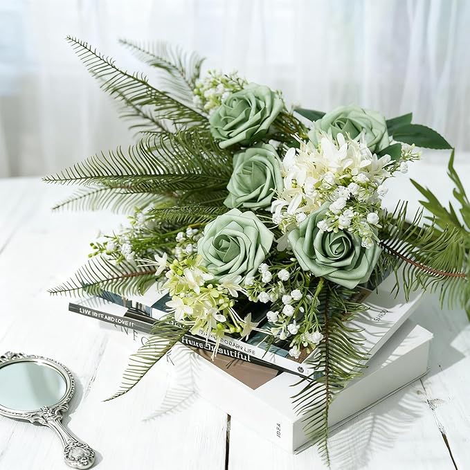 Artificial Flowers Foam Fake Roses 25pcs Green Roses with Stems for Home Decor DIY Wedding Bouquets Party Bridal Shower Centerpieces Faux Flower Arrangements Tables Decorations