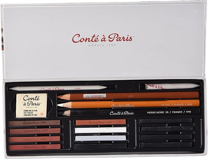 Conté à Paris 50126 Sketching Box Set 12 Pastels of Assorted Colours + 3 Pencils of Assorted Colours + Accessories