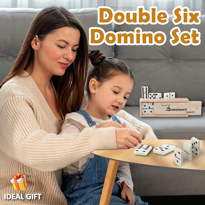 Smilejoy Dominoes Set for Adults, Domino Set for Classic Board Games, Double 6 Domino Game Set 28 Pieces with Natural Wood Case (2 Players)