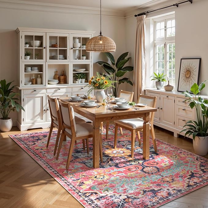 Lahome 8x10 Area Rugs for Living Room, Washable Rugs for Bedroom Aesthetic Large Dining Room Rugs for Under Table, Bohemian Printed Low Pile Nursery Carpet for Playroom Home Office, Fuchsia/Multi