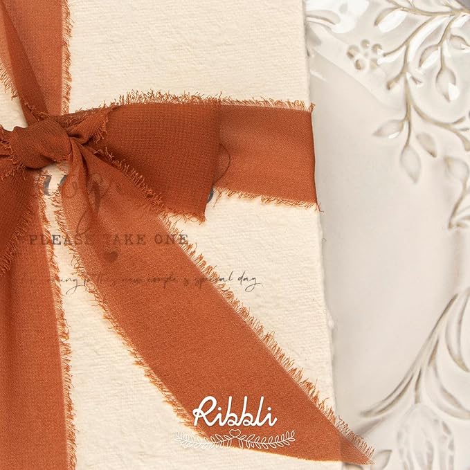 Ribbli Terracotta Chiffon Ribbon 1-1/2 inch x 20 Yard Handmade Fringe Chiffon Silk Ribbon,Black Ribbon for Wedding Invitations, Bridal Bouquets Wrapping, Flower Arrangement Decoration