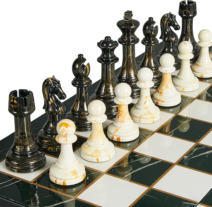 15" Large Chess Set for Adults- Weighted Acrylic Pieces Including Extra 2 Queens, 3.5" King w/Leather Base, Portable Folding Marbling Wooden Chess Board - Travel/Family Game & Elegant Gift