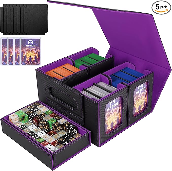 AFIING Commander Deck Box for MTG/EDH, Fits 400+ Double-Sleeved Cards, with Display Window, 4 Removable Deck Cases, Dividers, Dice Tray & Handle, Card Holders for TCG (Black Purple)