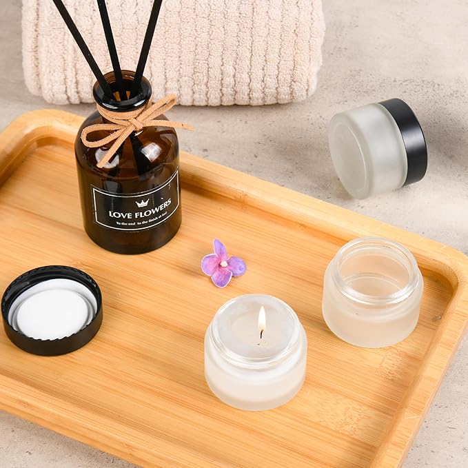 Glass Jars with Lids,Eco-Friendly Cosmetic Containers with Airtight Black Lids & Liners, Multi-Color Options for Cream, Lotion, Body Butter, DIY Skincare Travel Jars (Clear Frosted, 1oz)