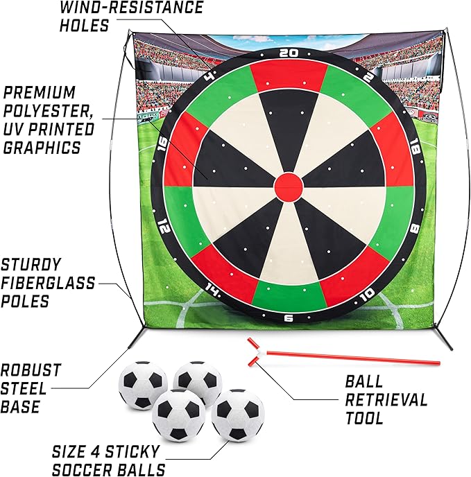 GoSports 10 FT Chip N' Stick Soccer Darts - Giant Kick Darts Game for Kids & Adults - Includes 4 Sticky Soccer Balls, Tote Bag, & Carry Case