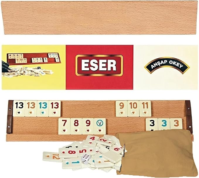 Hakan Turkish Okey Game Rummy Cube Game Rummy Cube Set with 4 Straight Wooden Racks Tile Holder and 106 Melamine Tiles Stones in Pouch