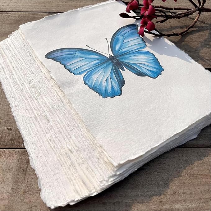 Wanderings Handmade A5 Cream Mixed Media Paper with Deckle Edge - 5.8x8.3-150 GSM - Cold Press Textured Paper Made with Recycled Cotton for Invitations, Crafts, Writers, Watercolor - 50 Sheets