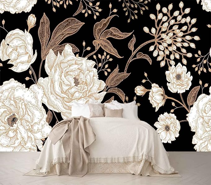 Wall Mural Peonies and Roses Floral Vintage Wallpaper Seamless Gold White Flowers Wall Coverings for Living Room Bedroom Kids Room（Not Peel and Stick）