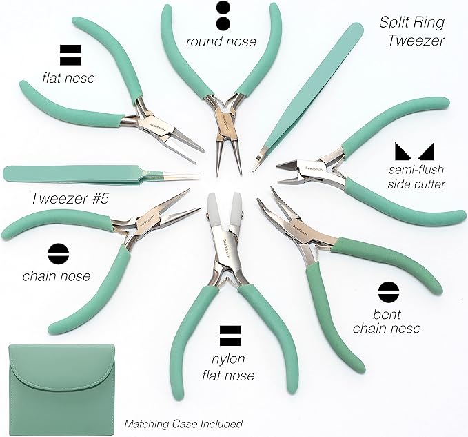 The Beadsmith Fashion Color Pliers – Set of 8 Slimline Color-Coordinated Tools – Matching Clutch in Aqua – Jewelry Making Supply Kit to Create Necklaces, Bracelets, Earrings & More