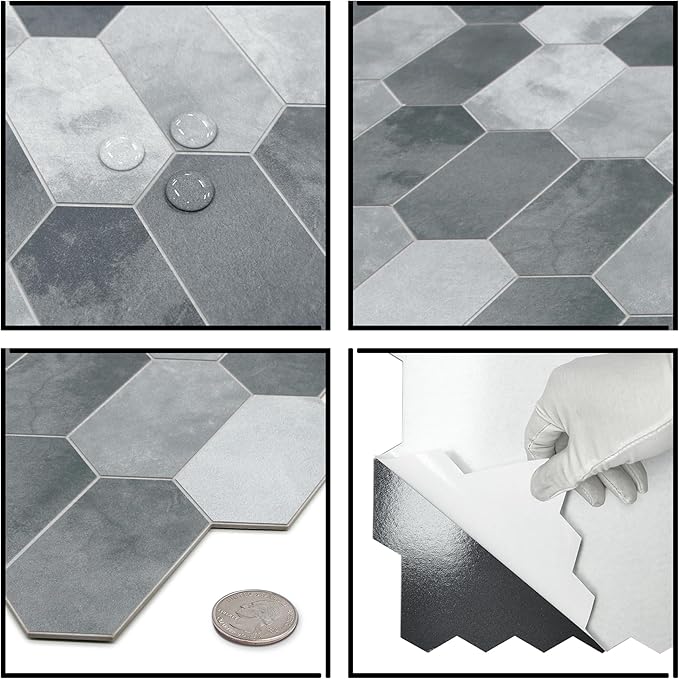 The Tiles Plaza 10-Sheet Peel and Stick Backsplash, Grey Cement Long Hexagon Self Adhesive Wall Tile, Stone Composite Stick On Decorative Mosaic Tile for Kitchen Bathroom Fireplace