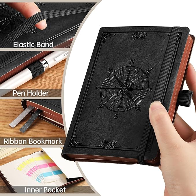 AHGXG Small Lined Pocket Journal Notebook for Men - 256 Numbered Pages College Ruled B6 Mini Journal, Vintage Soft Leather Hardcover, 80gsm Paper, for Women Work Office School, 4.1'' X 5.7''- Black