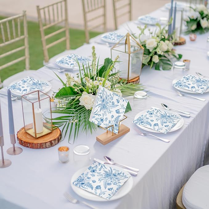 Aodaer 48 Pieces Floral Paper Napkins Disposable Blue Floral Napkins Blue and White Cocktail Dinner Napkin Set 13" x 13" Unfolded Decoupage Tableware Napkins for Garden Party Supplies