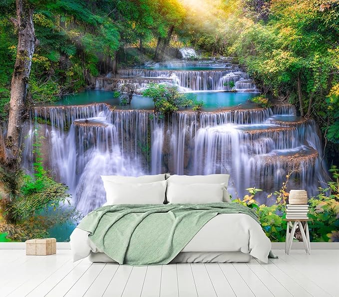 AFZEVEB-Green Waterfall Nature Landscape Wallpaper Wall murals for Kids Room 114"x74"(Not Peel and Stick)