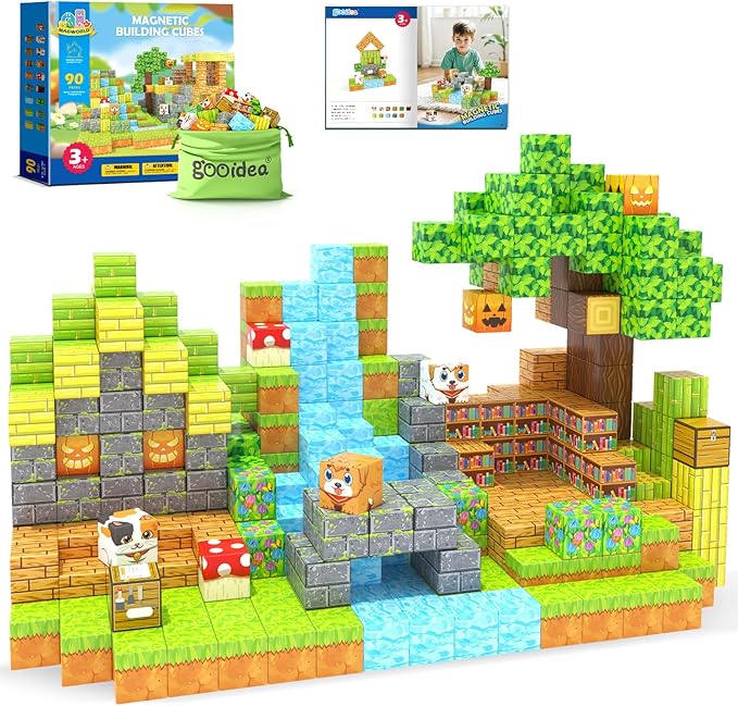 Large Magnetic Blocks 1" Building Cubes Toys for Kids Ages 4-6 5-7 8-12, Magworld Bamboo House Building Craft Construction Toy Set, Creative Sensory Toys Game Gift for 3+ Year Old Boys Girls