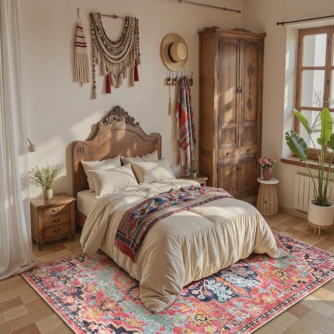 Lahome 5x7 Boho Living Room Rug Colorful Bedroom Rug, Large Bohemian Nursery Rugs, Hot Pink Non-Slip Machine Washable Soft Playroom Mat Indoor Floor Accent Carpet for Dining Table Mud Room