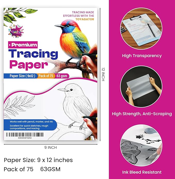 Tracing Paper 9 x 12 Inch - 75 Sheets 41lb/63gsm Transparent Vellum Paper for Sketching, Preliminary Drawing, Drafting & Overlays - Premium Translucent Tracing Paper for Pencil, Marker and Ink
