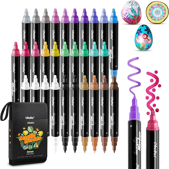 Ohuhu Metallic Acrylic Paint Markers 24 Metallic Colors 30 Pens: Dual Tips (Round & Fine) Acrylic Markers High Opacity Paint Pens for Rock Painting Eggs Wood Glass Ceramic - Kakaako