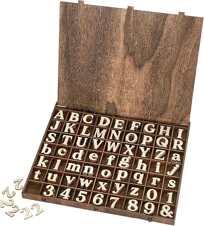 706 Pieces 1 Inch Wood Alphabet Letters Wooden Numbers Mini Capital & Lowercse Letters with Rustic Storage Box for Home Decor Spelling Education Homemade Crafts Party Gifts