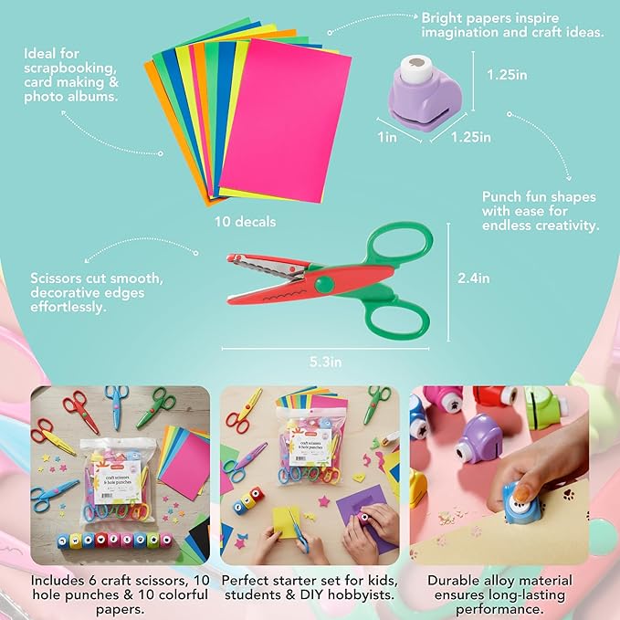 Incraftables Craft Scissors with Decorative Edge – 26 Piece Crafting Set - 6 Scissors with Fun Decorative Edge - 10 Paper Hole Punch Shapes & 10 Colorful Pieces of Paper