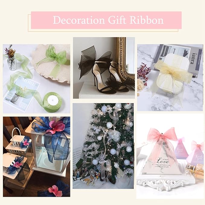 White Ribbon for Gifts Wrapping, 1 inch 50Yard Sheer Organza Ribbon, Gift Wrap Chiffon Fabric Ribbons for Flower Bouquet, Christmas, Mothers Day, Wedding, Crafts, Party Decoration